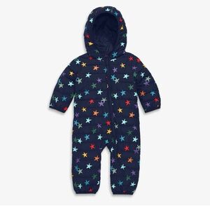 Primary lightweight puffer suit in navy / rainbow confetti stars